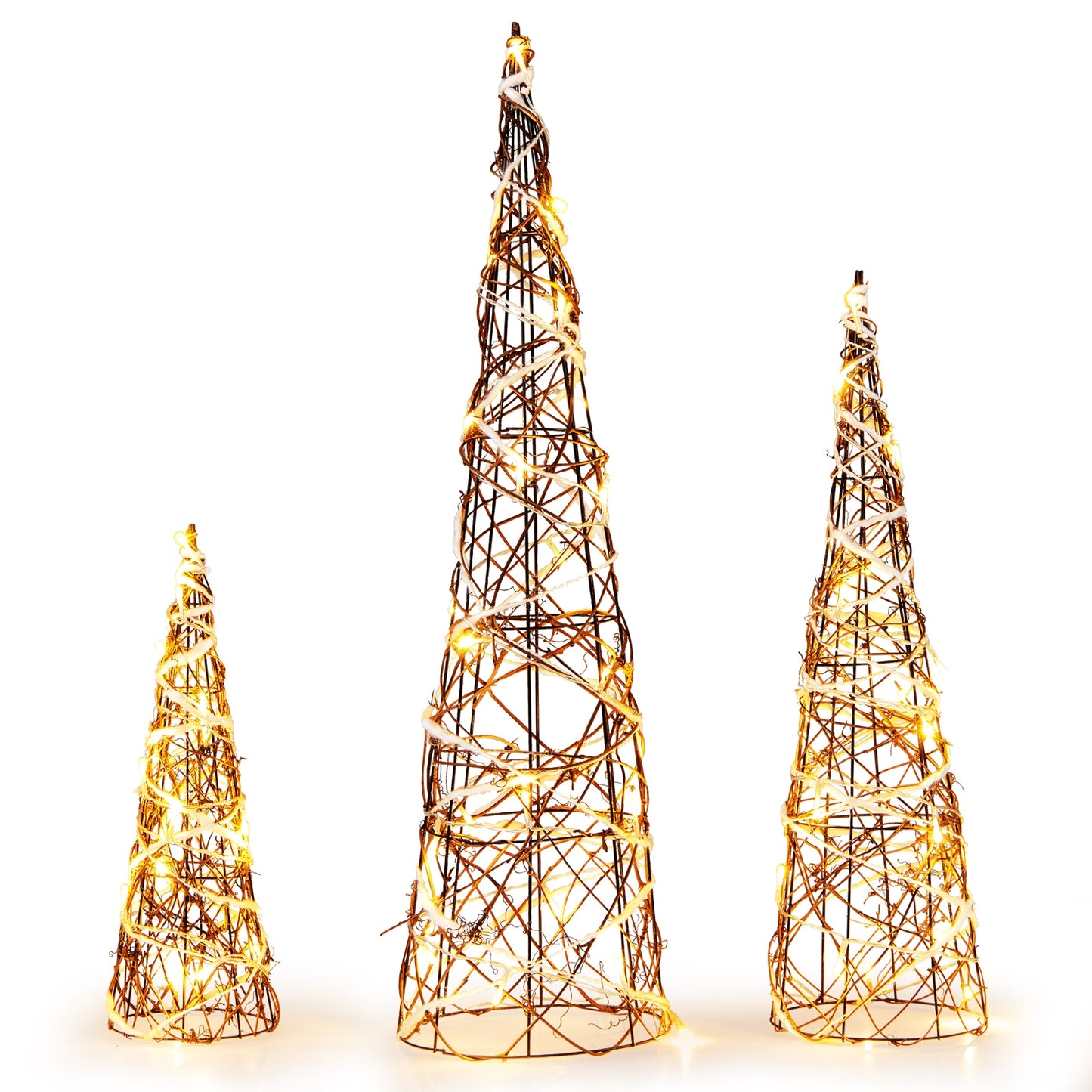 Set of 3 Lighted Rattan Cone Trees with LED Lights and Metal Frame, Brown Christmas Tree   at Gallery Canada