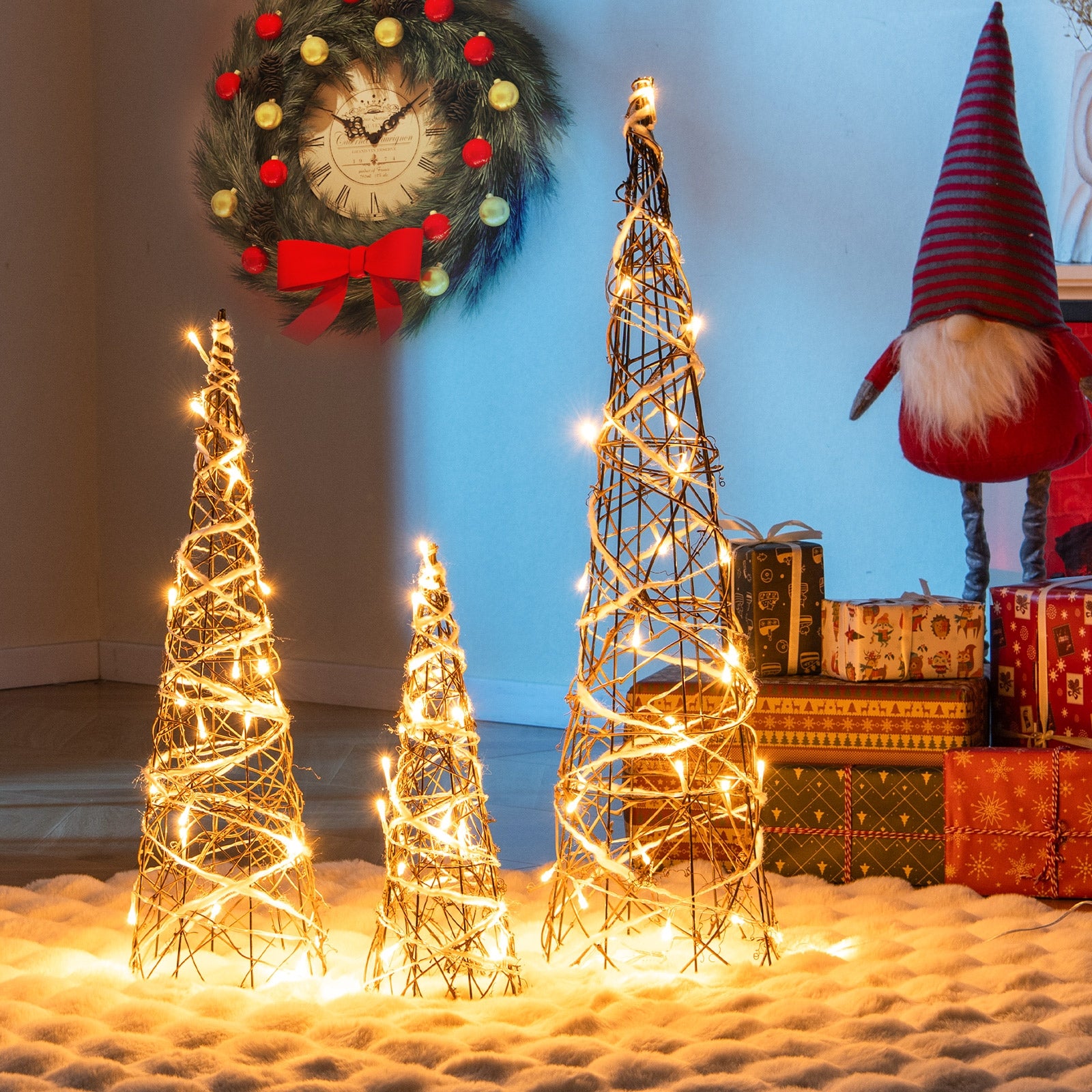 Set of 3 Lighted Rattan Cone Trees with LED Lights and Metal Frame, Brown Christmas Tree   at Gallery Canada