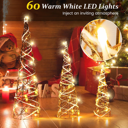 Set of 3 Lighted Rattan Cone Trees with LED Lights and Metal Frame, Brown Christmas Tree   at Gallery Canada