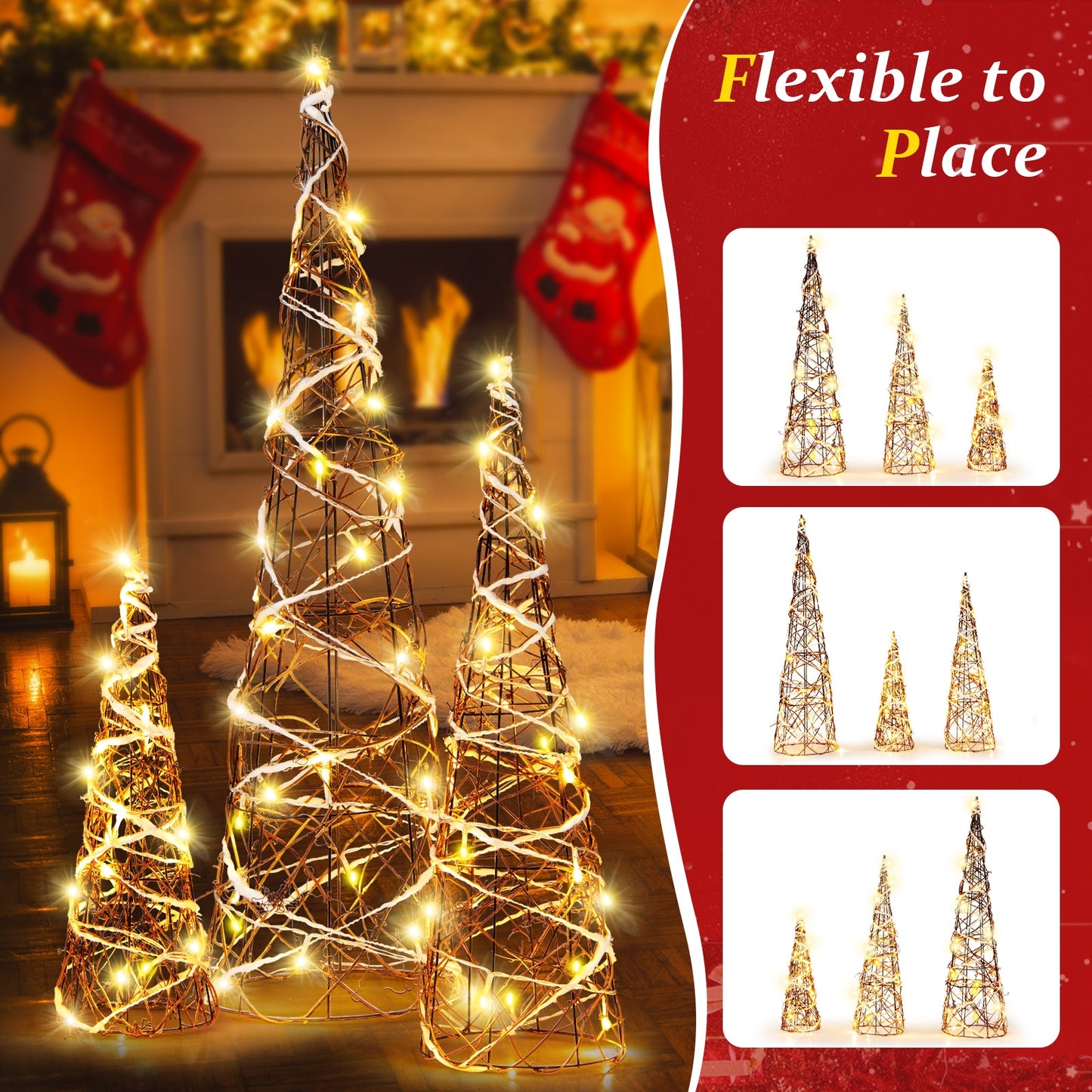 Set of 3 Lighted Rattan Cone Trees with LED Lights and Metal Frame, Brown Christmas Tree   at Gallery Canada