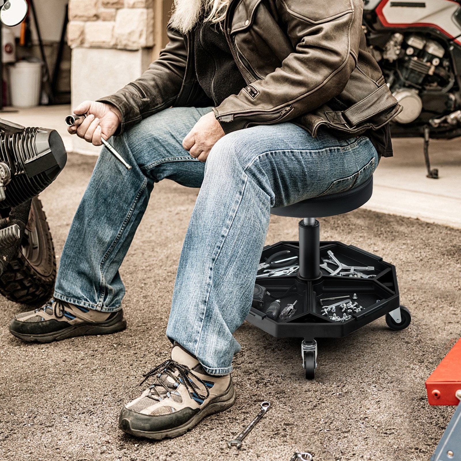 330 LBS Capacity Pneumatic Rolling Mechanic Stool with Padded Seat, Black Garages   at Gallery Canada