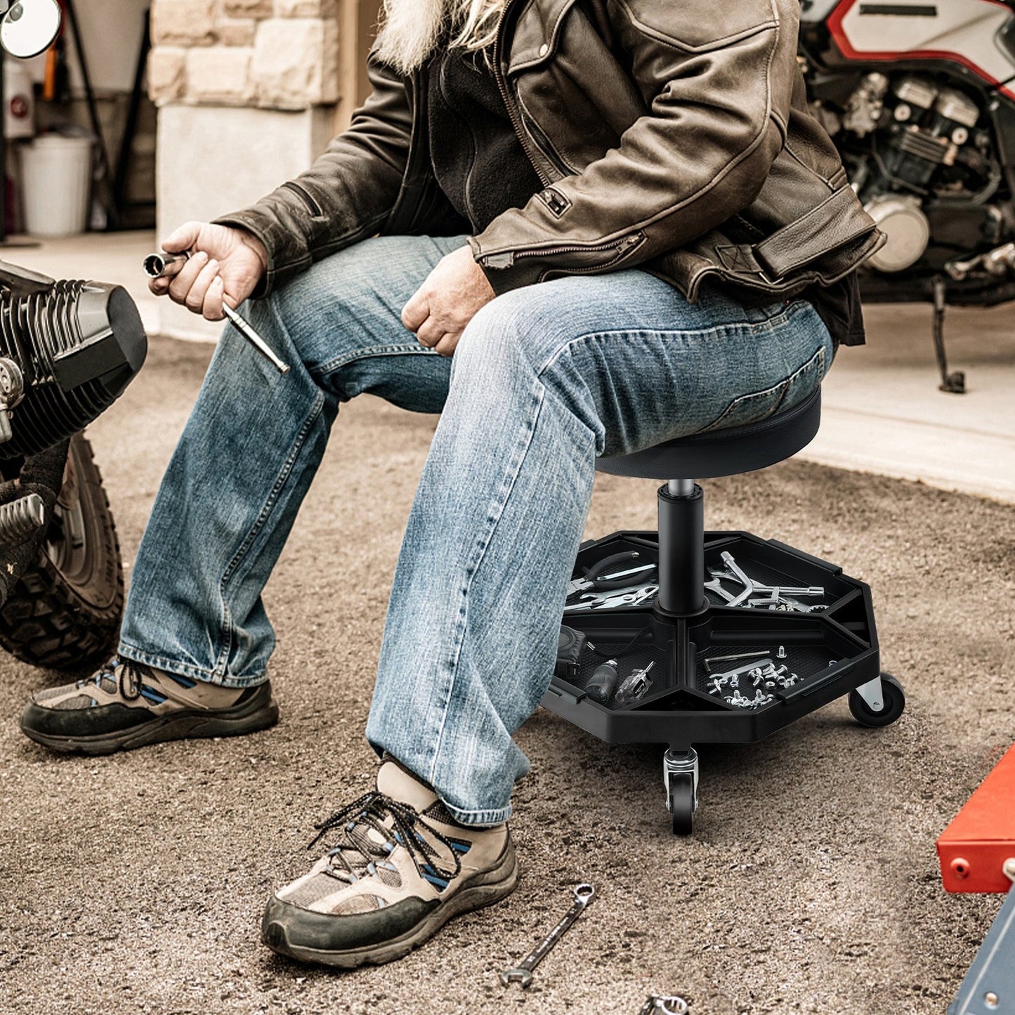 330 LBS Capacity Pneumatic Rolling Mechanic Stool with Padded Seat, Black Garages   at Gallery Canada