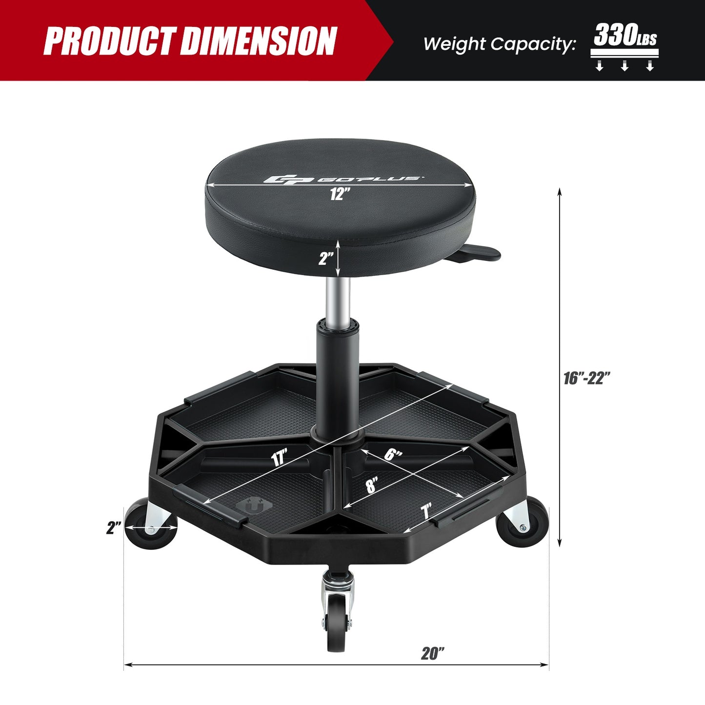 330 LBS Capacity Pneumatic Rolling Mechanic Stool with Padded Seat, Black Garages   at Gallery Canada