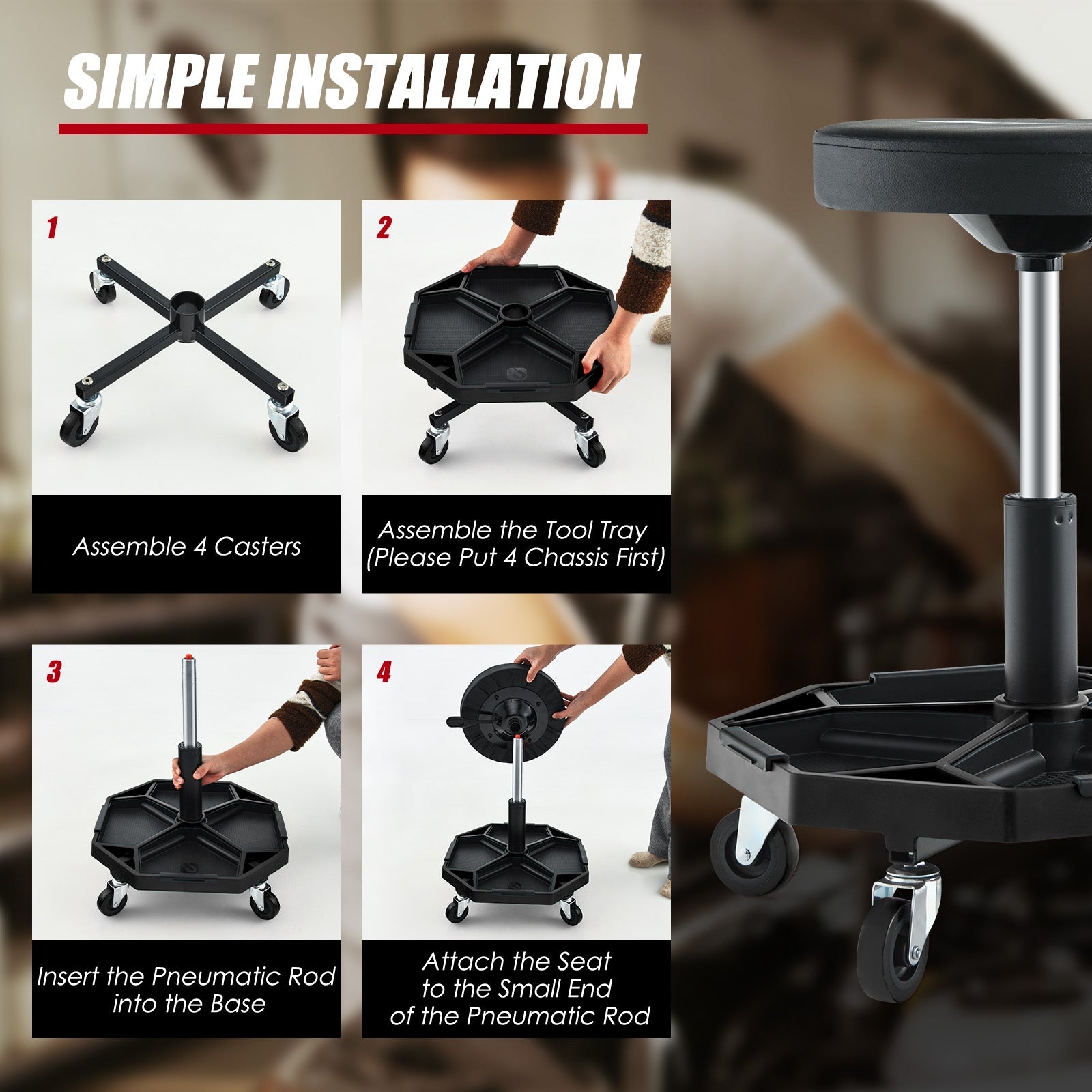 330 LBS Capacity Pneumatic Rolling Mechanic Stool with Padded Seat, Black Garages   at Gallery Canada