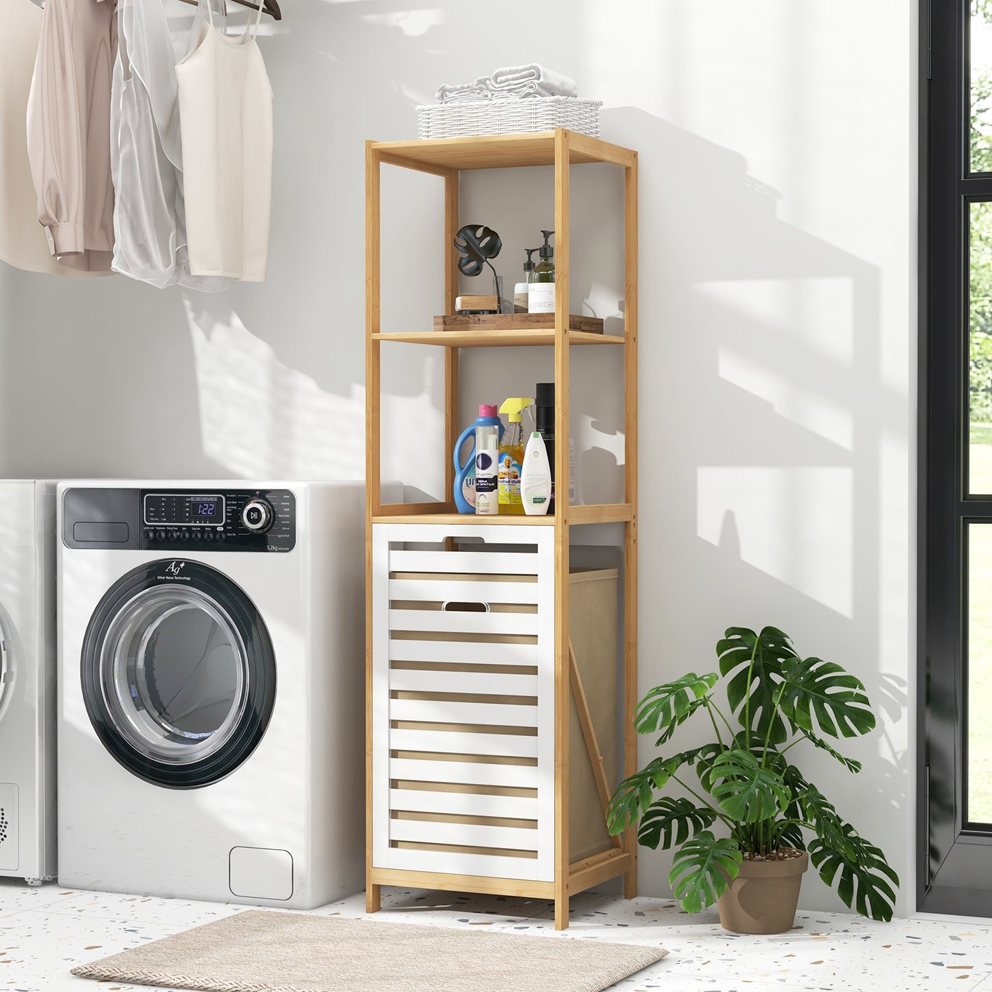 4-Tier Tilt-Out Laundry Hamper with Storage Shelves for Laundry Room-Natural and White, Natural Floor Cabinets   at Gallery Canada