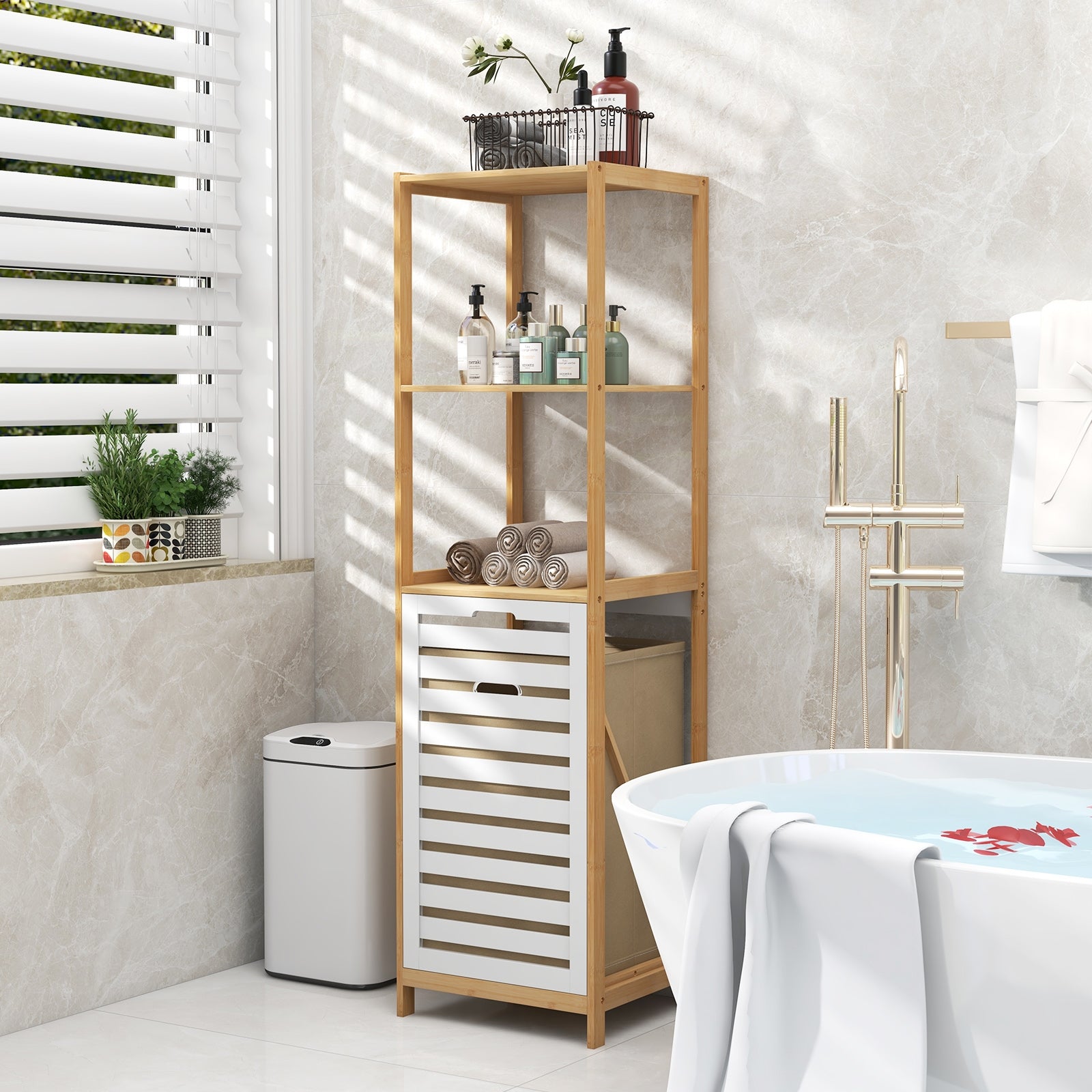 4-Tier Tilt-Out Laundry Hamper with Storage Shelves for Laundry Room-Natural and White, Natural Floor Cabinets   at Gallery Canada