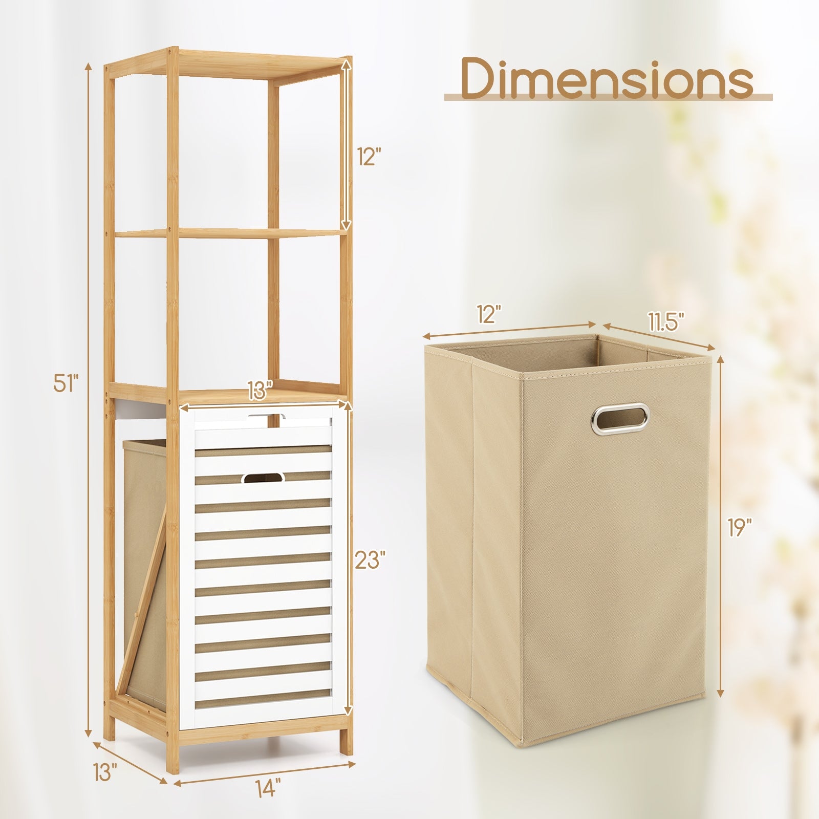 4-Tier Tilt-Out Laundry Hamper with Storage Shelves for Laundry Room-Natural and White, Natural Floor Cabinets   at Gallery Canada