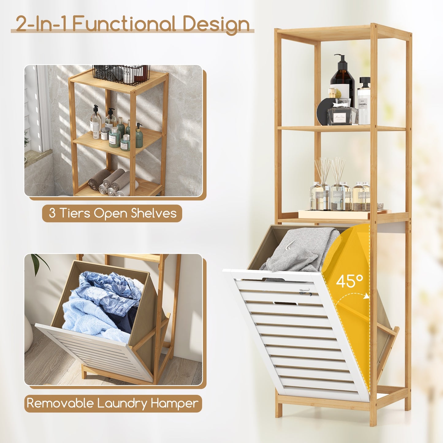 4-Tier Tilt-Out Laundry Hamper with Storage Shelves for Laundry Room-Natural and White, Natural Floor Cabinets   at Gallery Canada