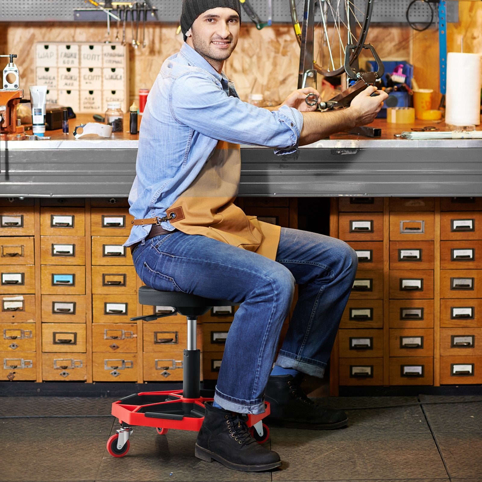 330 LBS Capacity Pneumatic Rolling Mechanic Stool with Padded Seat, Red Garages   at Gallery Canada