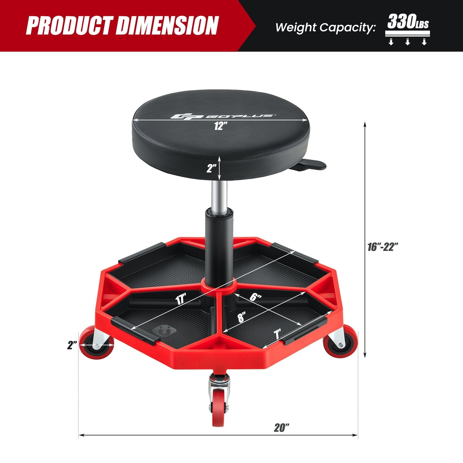 330 LBS Capacity Pneumatic Rolling Mechanic Stool with Padded Seat, Red Garages   at Gallery Canada