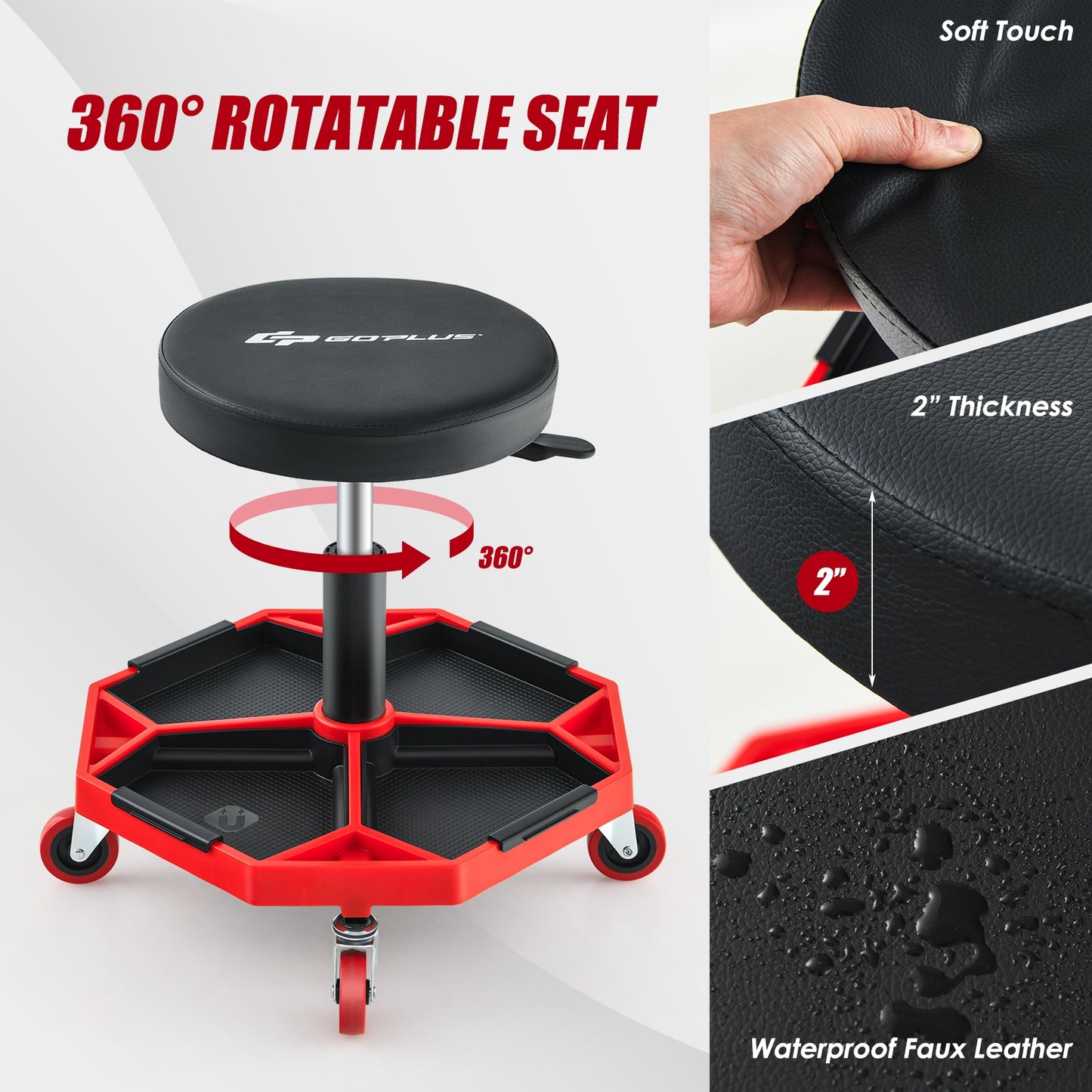 330 LBS Capacity Pneumatic Rolling Mechanic Stool with Padded Seat, Red Garages   at Gallery Canada