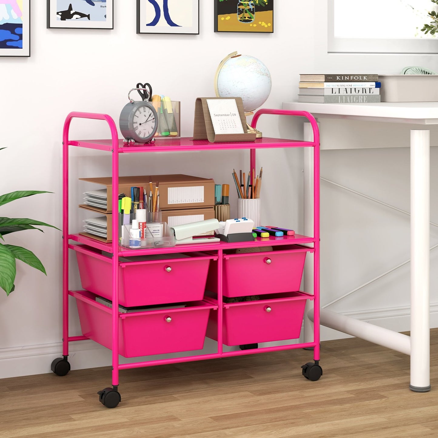 4 Drawers Shelves Rolling Storage Cart Rack-Hot Pink, Pink File Cabinets   at Gallery Canada