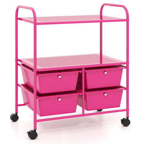 4 Drawers Shelves Rolling Storage Cart Rack-Hot Pink, Pink