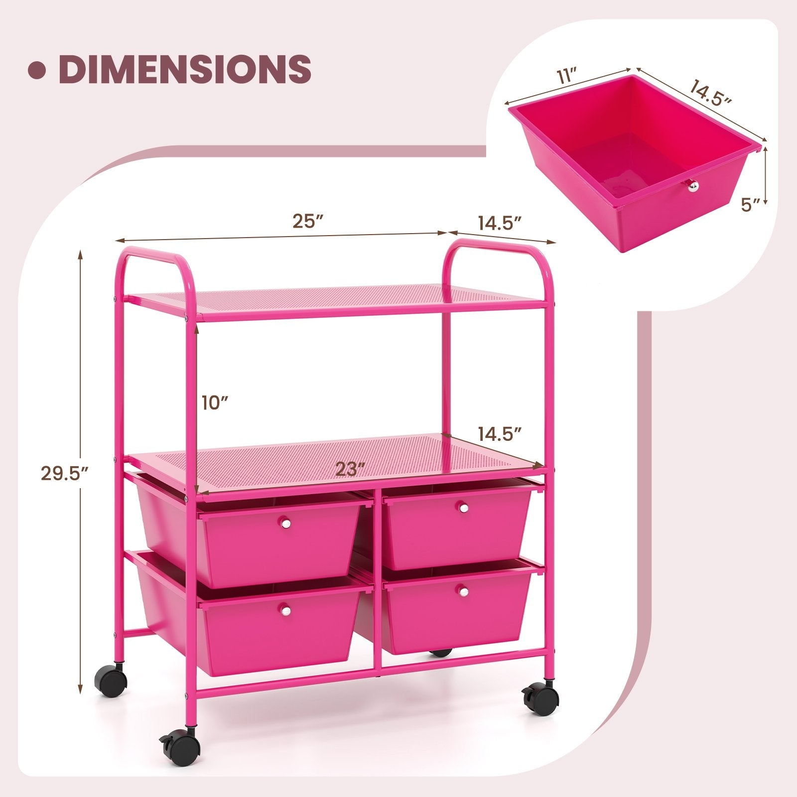 4 Drawers Shelves Rolling Storage Cart Rack-Hot Pink, Pink File Cabinets   at Gallery Canada