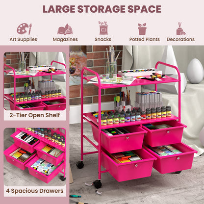 4 Drawers Shelves Rolling Storage Cart Rack-Hot Pink, Pink File Cabinets   at Gallery Canada