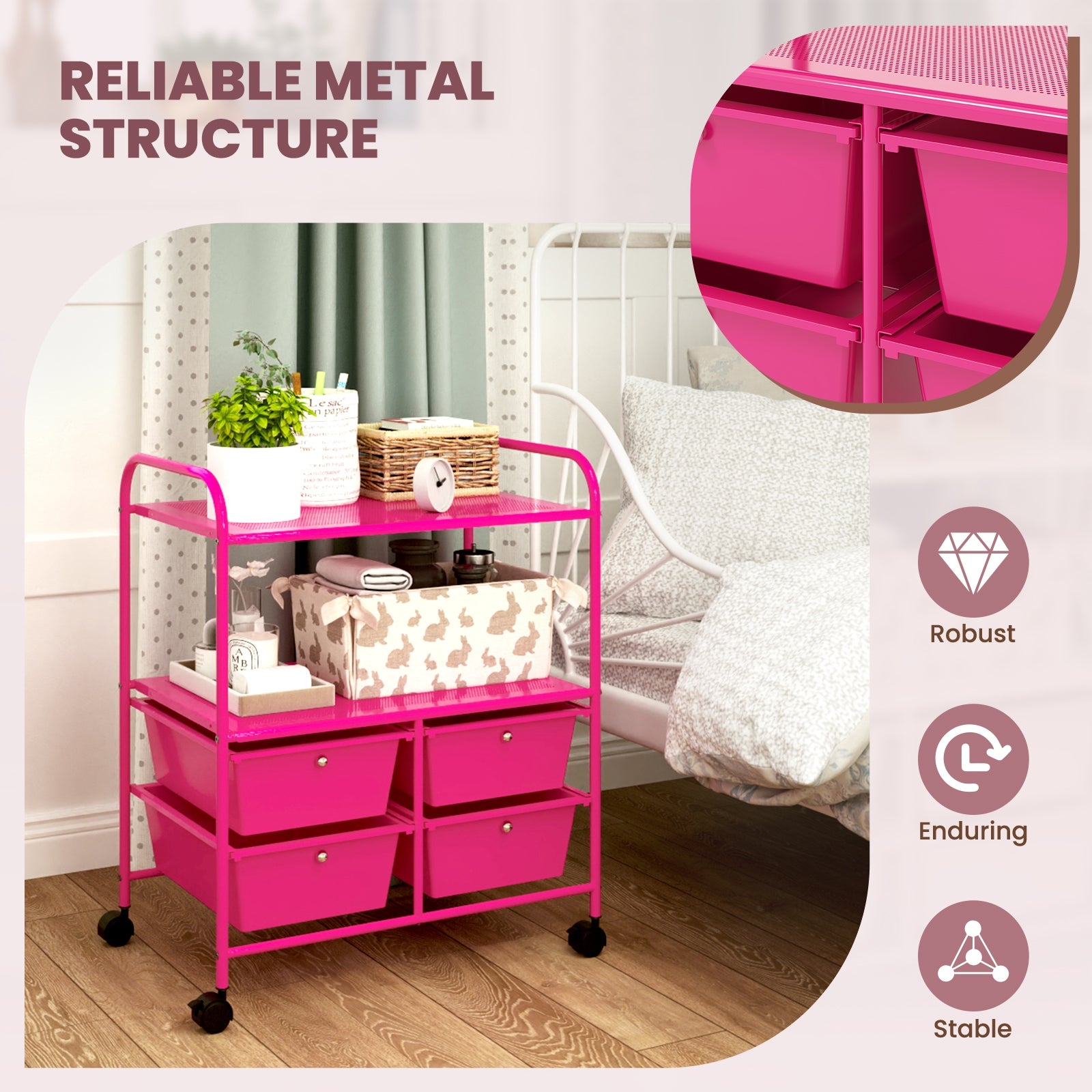 4 Drawers Shelves Rolling Storage Cart Rack-Hot Pink, Pink File Cabinets   at Gallery Canada