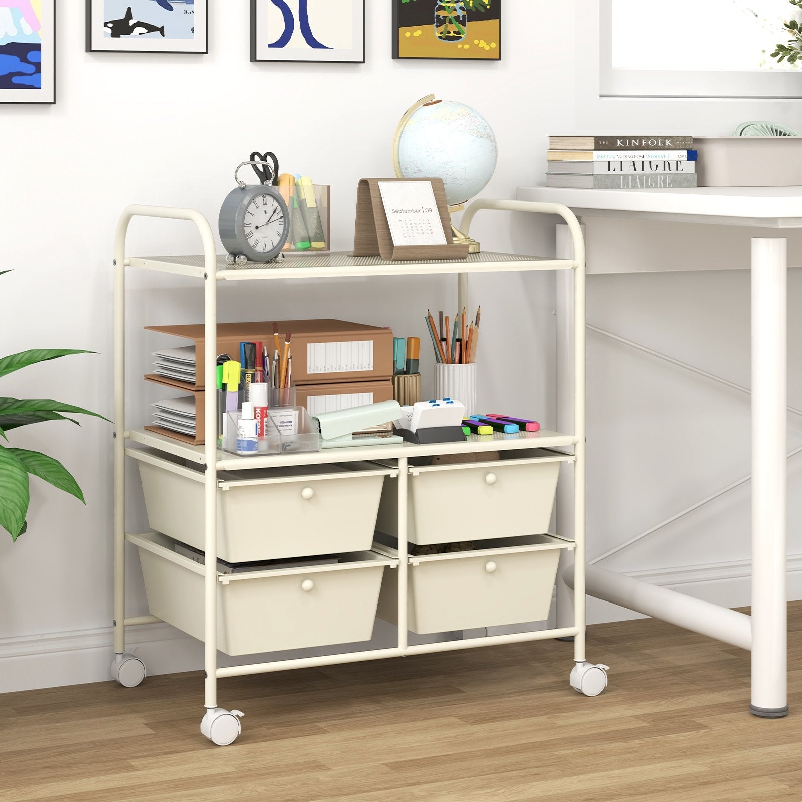 4 Drawers Shelves Rolling Storage Cart Rack, White File Cabinets   at Gallery Canada