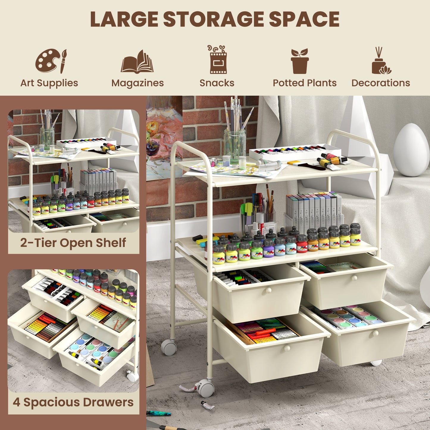 4 Drawers Shelves Rolling Storage Cart Rack, White File Cabinets   at Gallery Canada