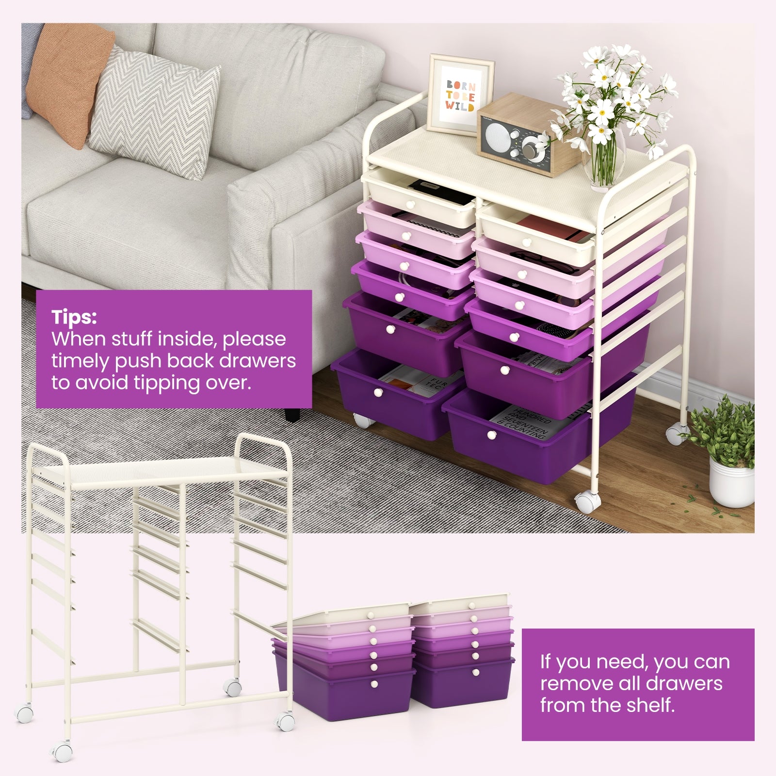 12-Drawer Rolling Storage Cart with Removable Drawers and Lockable Wheels, Purple File Cabinets   at Gallery Canada