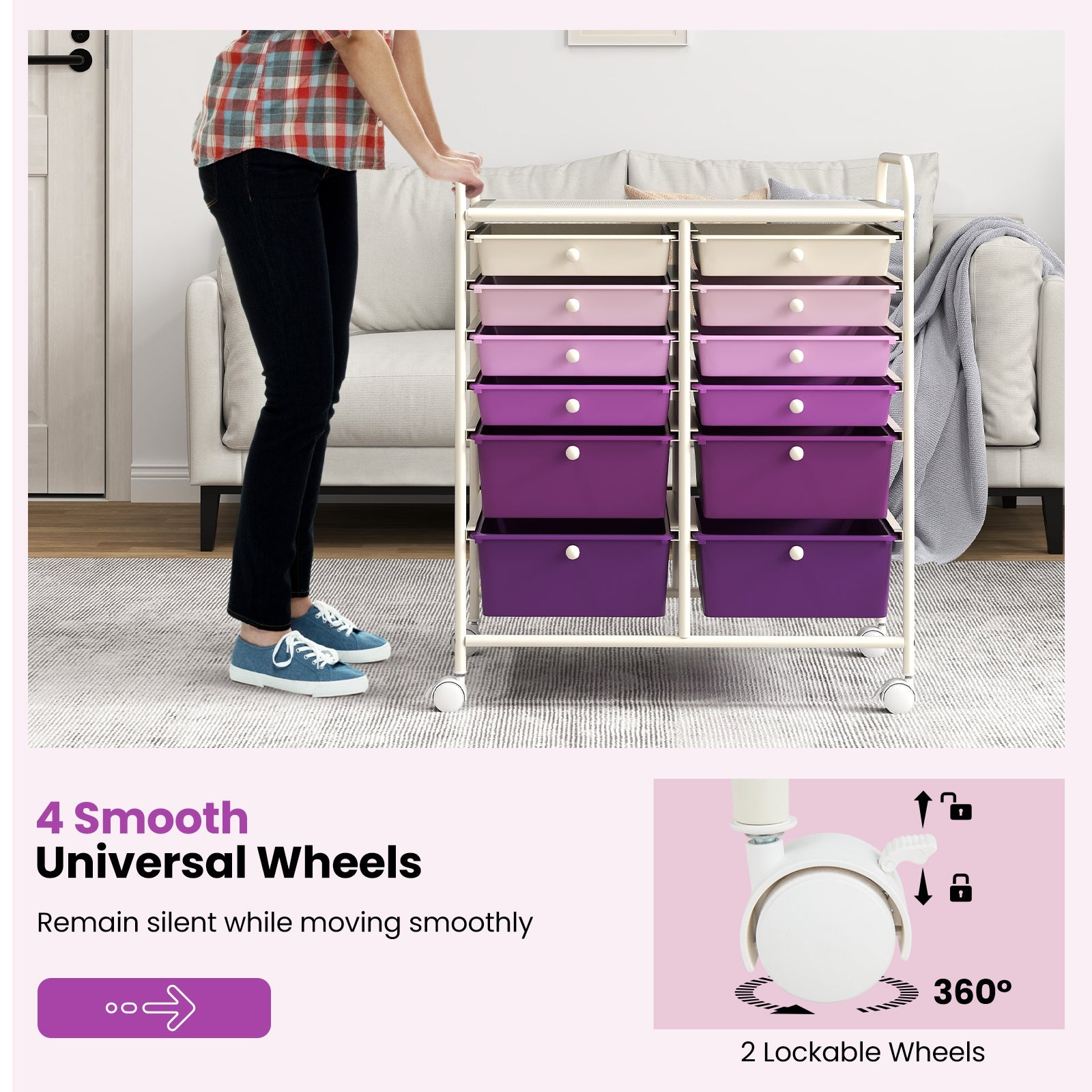 12-Drawer Rolling Storage Cart with Removable Drawers and Lockable Wheels, Purple File Cabinets   at Gallery Canada