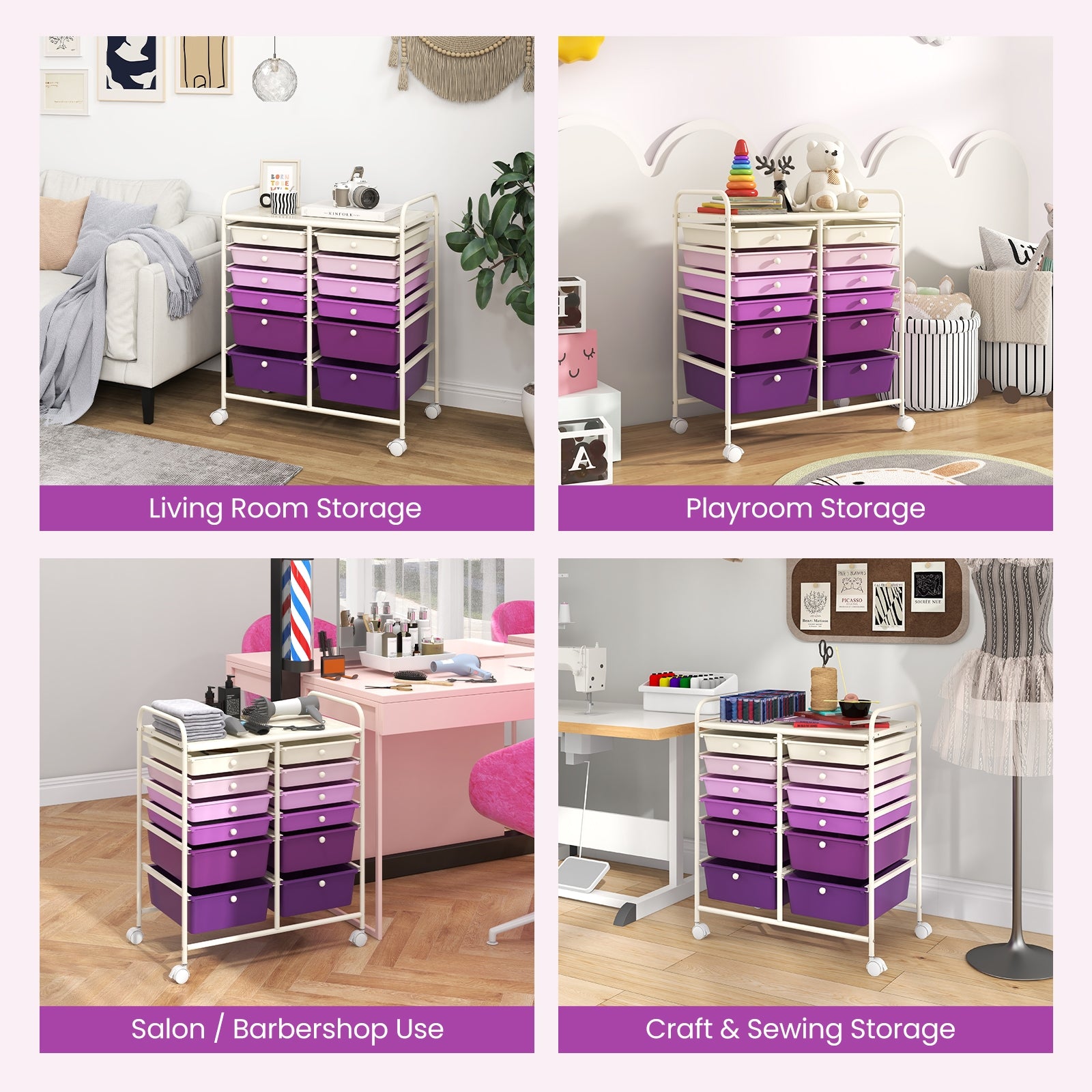 12-Drawer Rolling Storage Cart with Removable Drawers and Lockable Wheels, Purple File Cabinets   at Gallery Canada