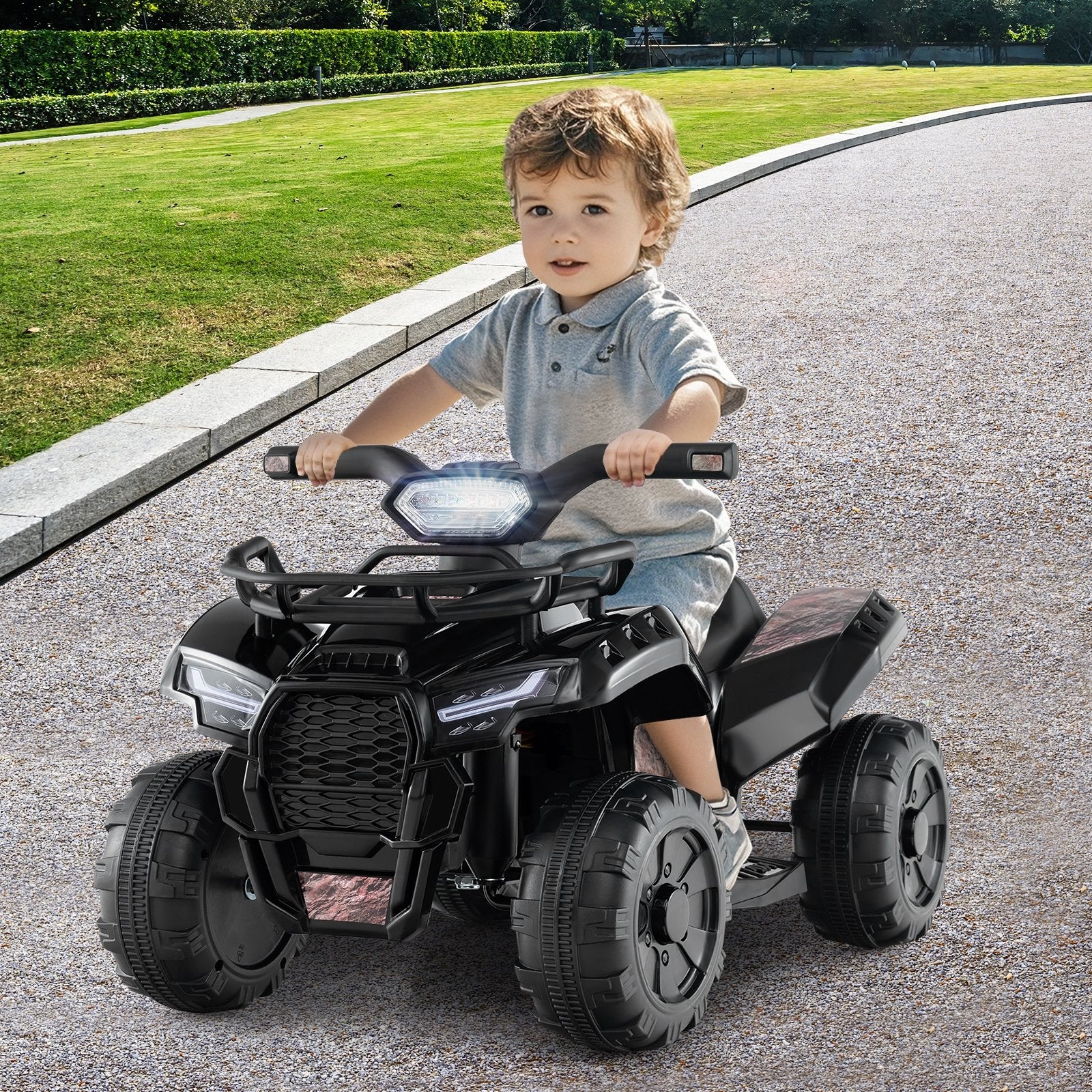 6V Kids ATV Quad Electric Ride On Car with LED Light and MP3-Solid Black, Black & White Powered Ride On Toys   at Gallery Canada