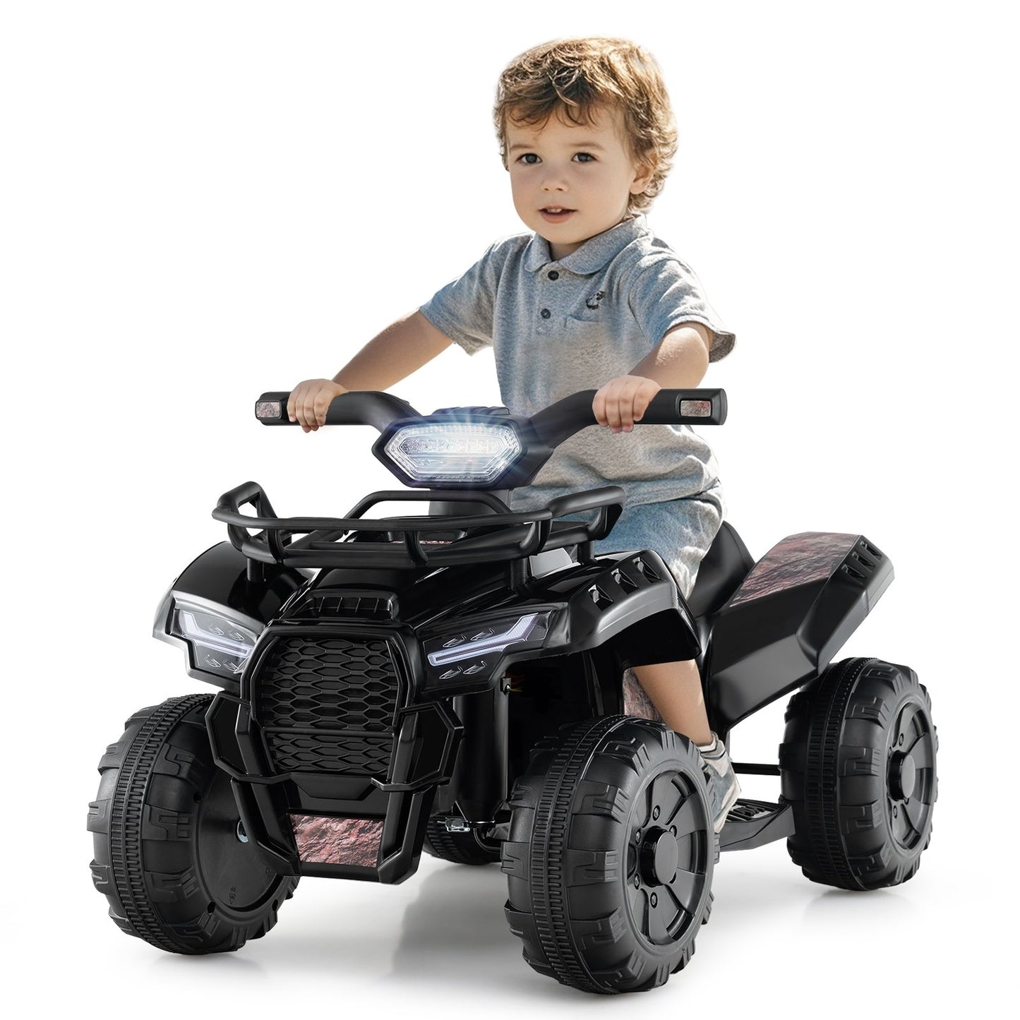 6V Kids ATV Quad Electric Ride On Car with LED Light and MP3-Solid Black, Black & White Powered Ride On Toys   at Gallery Canada