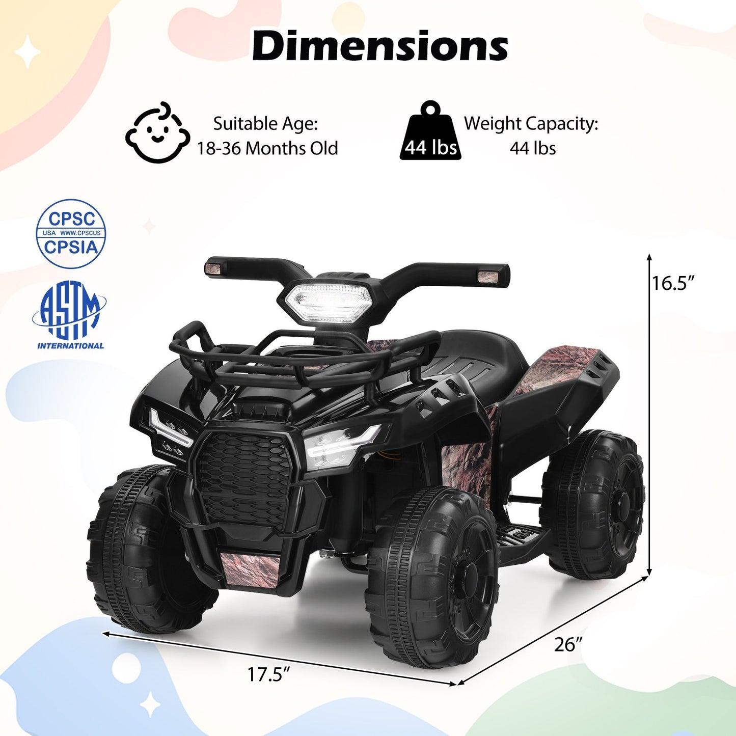 6V Kids ATV Quad Electric Ride On Car with LED Light and MP3-Solid Black, Black & White Powered Ride On Toys   at Gallery Canada