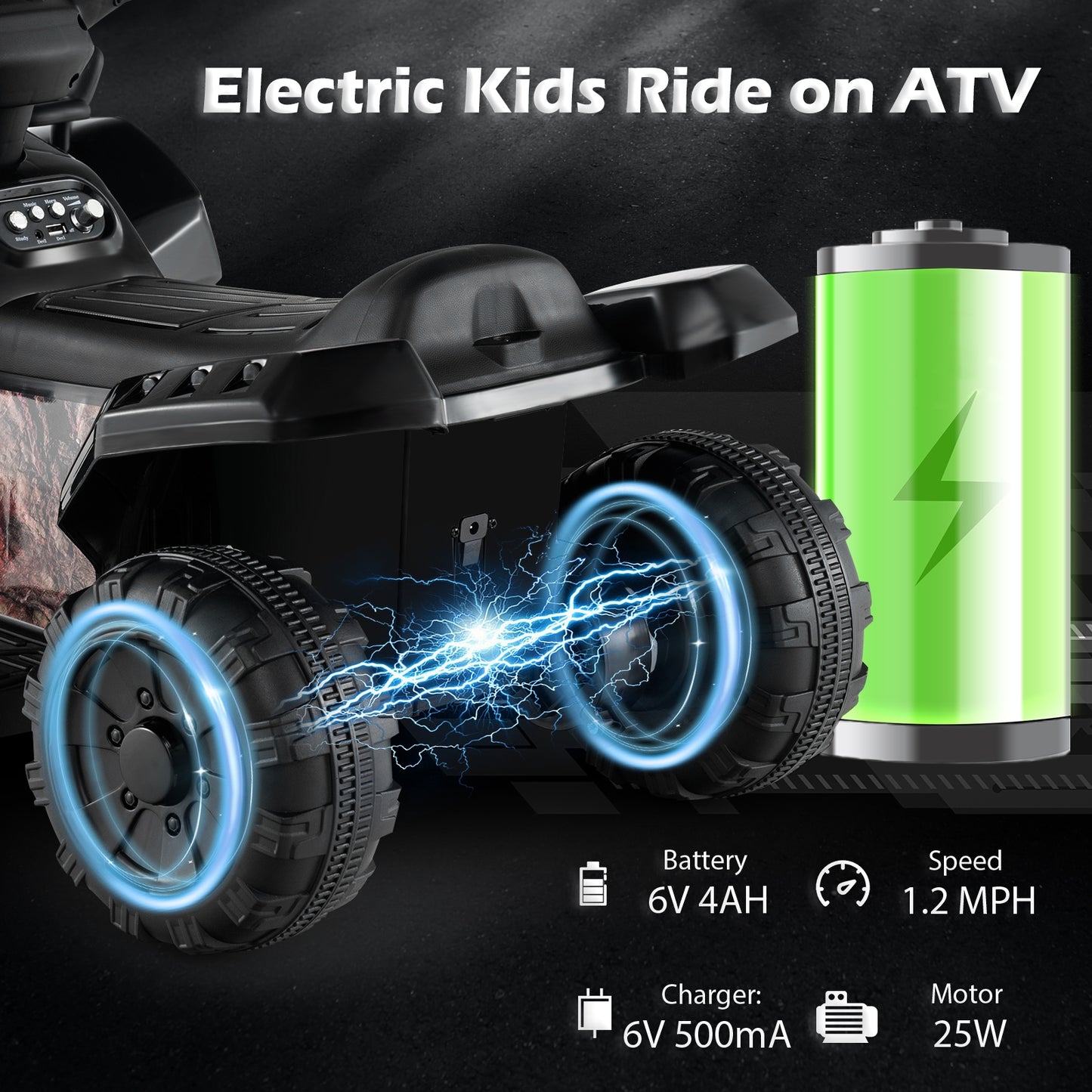 6V Kids ATV Quad Electric Ride On Car with LED Light and MP3-Solid Black, Black & White Powered Ride On Toys   at Gallery Canada