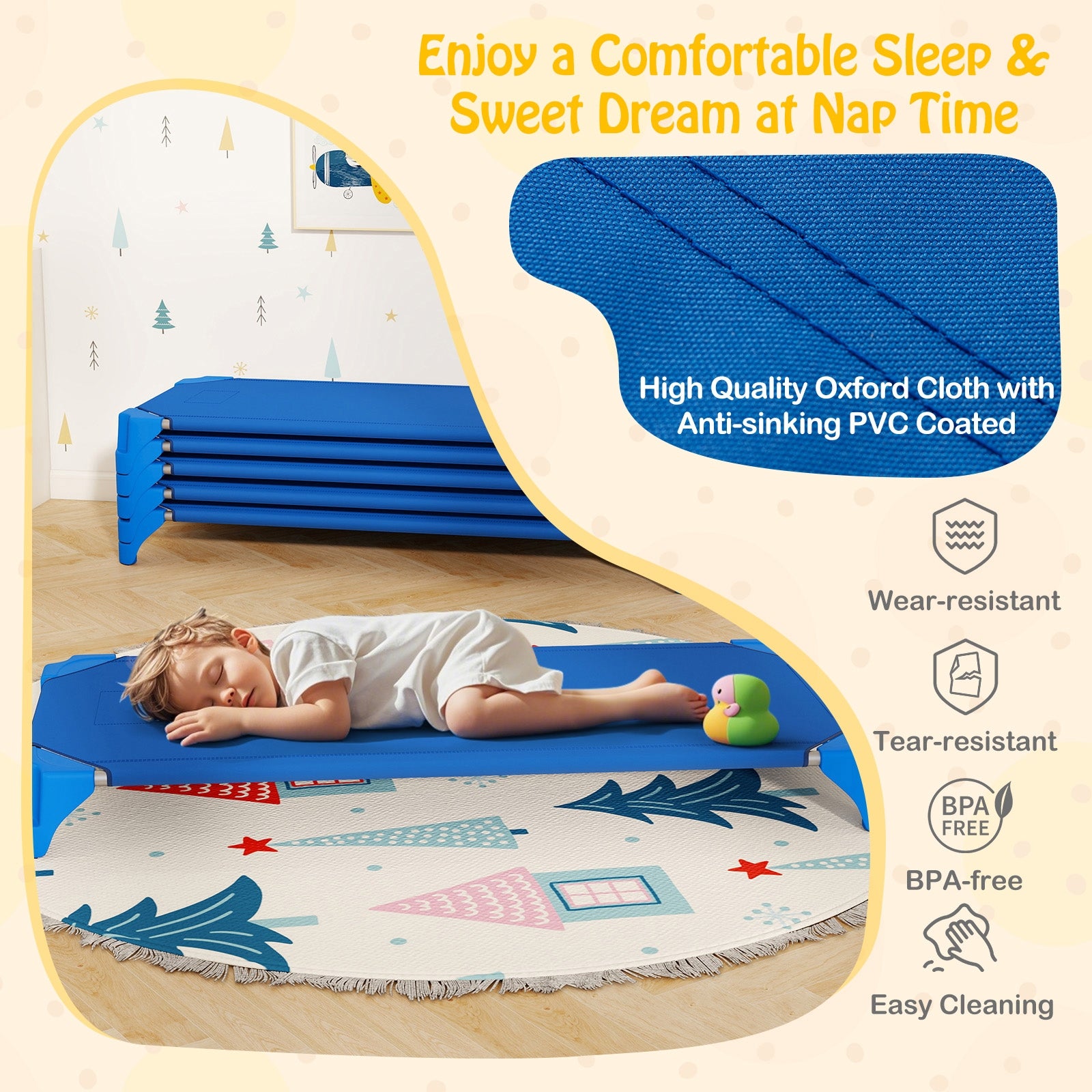 Portable 6 Pack Stackable Daycare Cots Sleeping Bed for Kids 52 Inch, Blue Toddler Beds at Gallery Canada