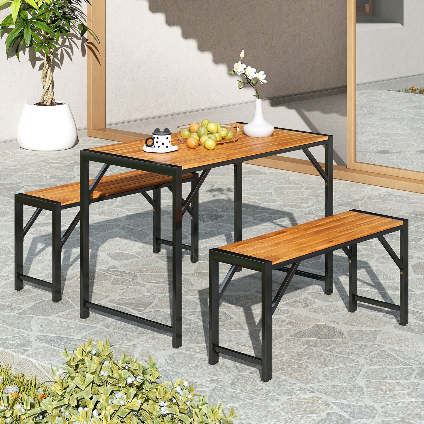 3 Pieces Patio Dining Set with Picnic Table and 2 Benches for 4 People, Natural Patio Dining Sets   at Gallery Canada