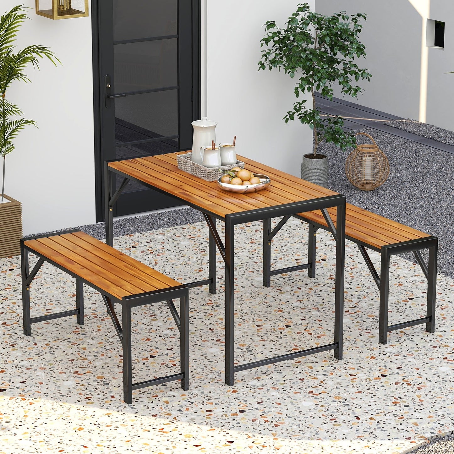 3 Pieces Patio Dining Set with Picnic Table and 2 Benches for 4 People, Natural Patio Dining Sets   at Gallery Canada