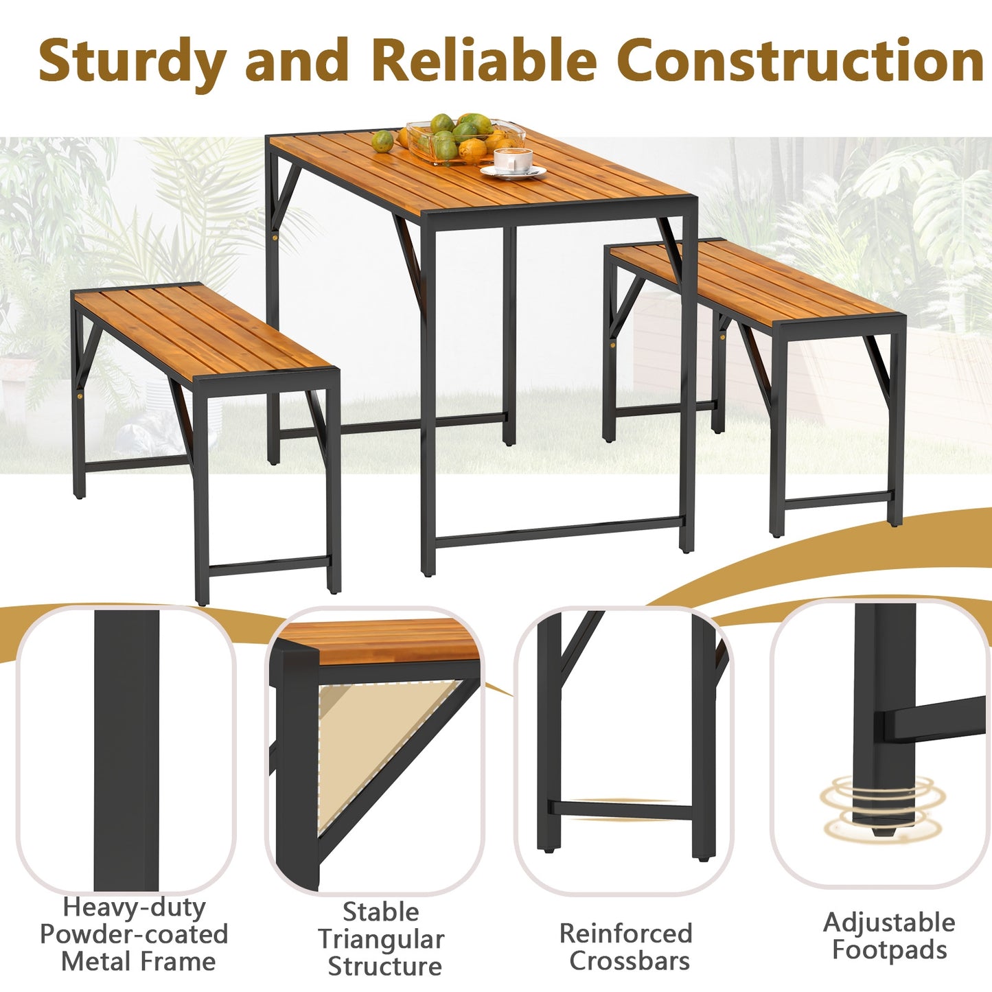 3 Pieces Patio Dining Set with Picnic Table and 2 Benches for 4 People, Natural Patio Dining Sets   at Gallery Canada