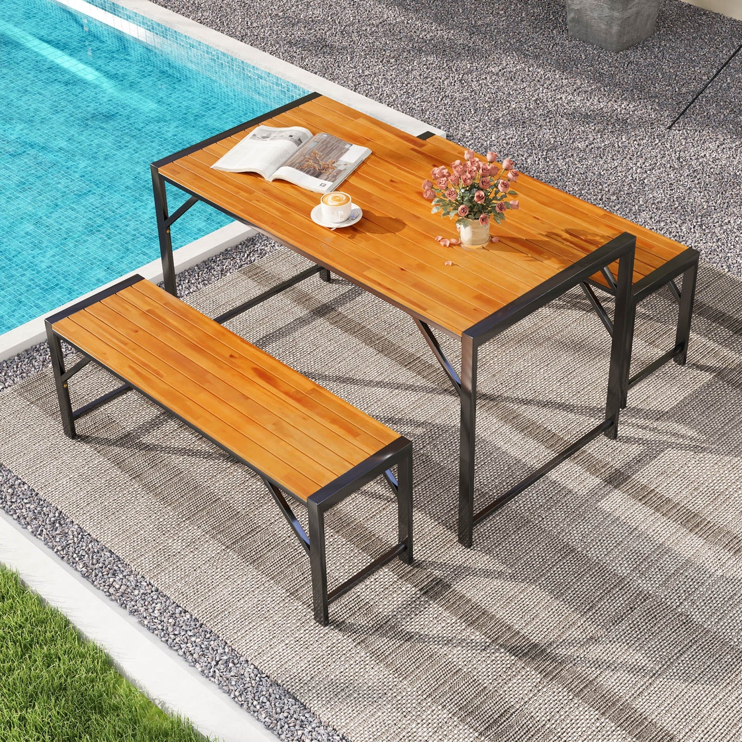 3 Pieces Patio Dining Set with Acacia Wood Dining Table and 2 Benches, Natural Patio Dining Sets   at Gallery Canada