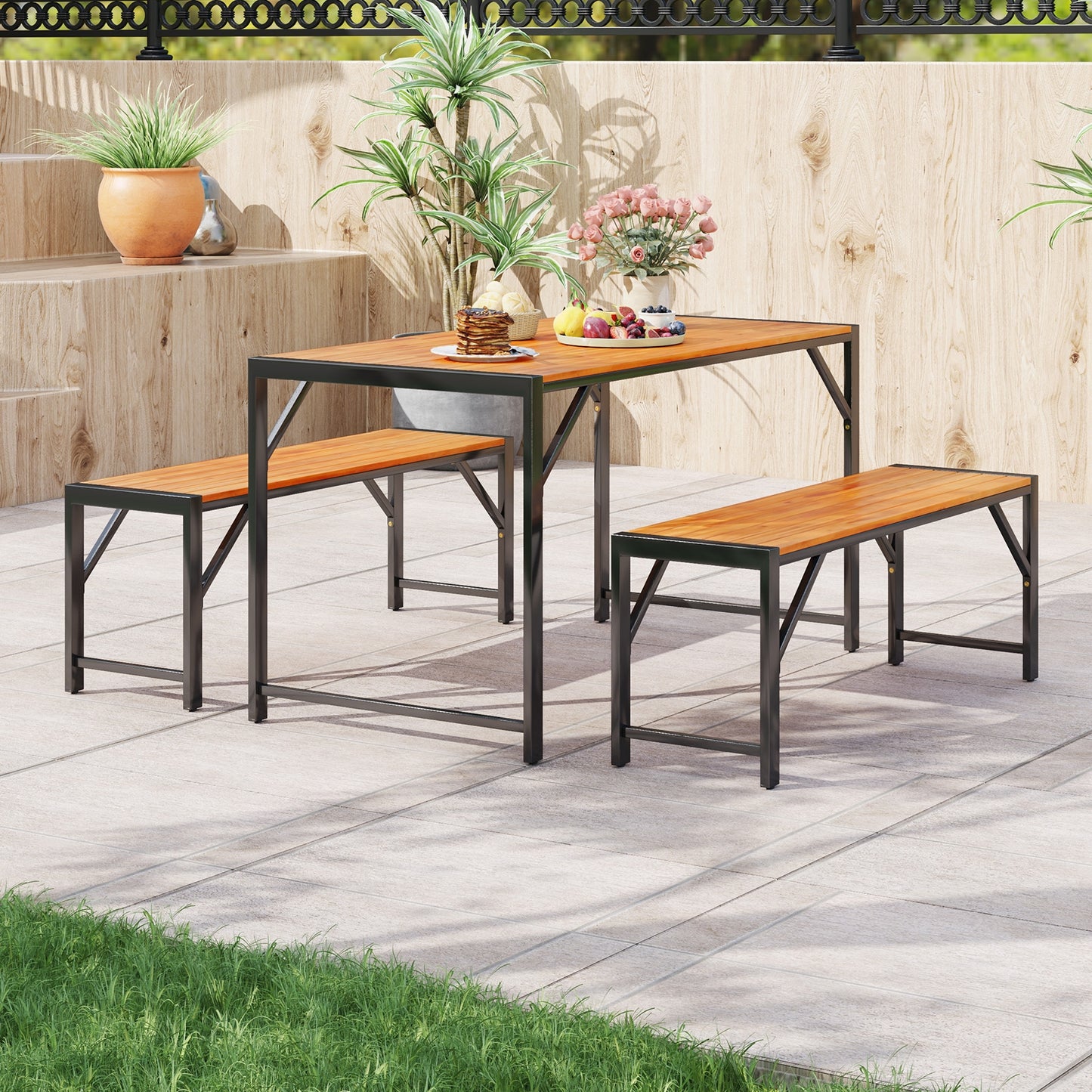 3 Pieces Patio Dining Set with Acacia Wood Dining Table and 2 Benches, Natural Patio Dining Sets   at Gallery Canada