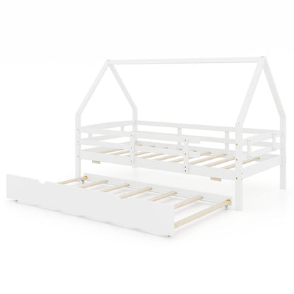 Twin House Bed with Trundle and Fence Rail, White Trundle Bed Frame White  at Gallery Canada