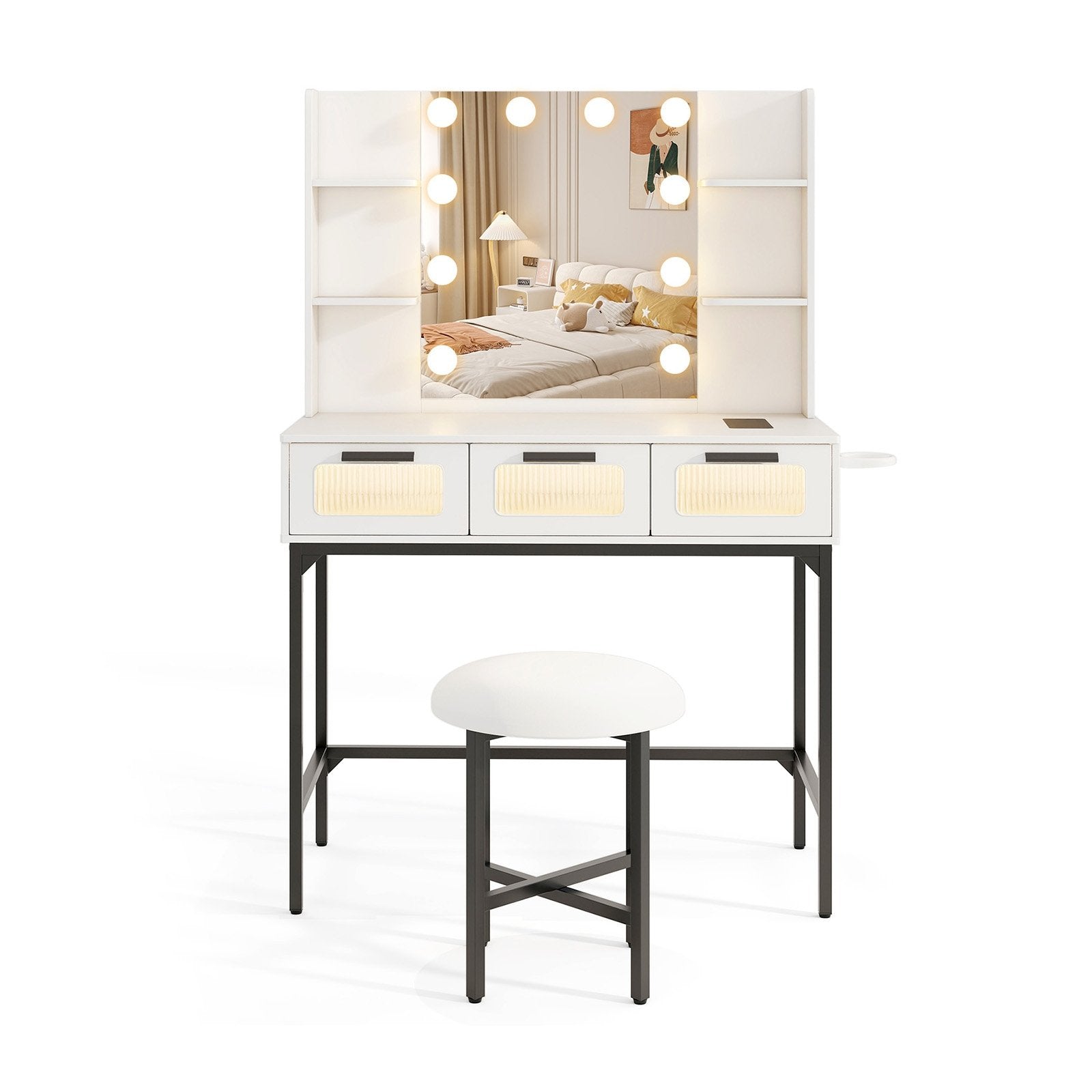 Bedroom Makeup Vanity Desk with Hollywood Mirror and Lights, White Makeup Vanities White  at Gallery Canada