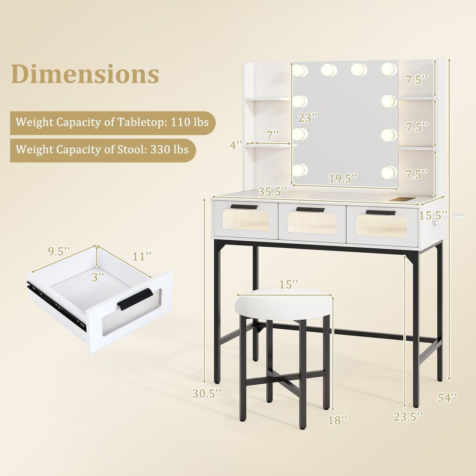 Bedroom Makeup Vanity Desk with Hollywood Mirror and Lights, White Makeup Vanities   at Gallery Canada