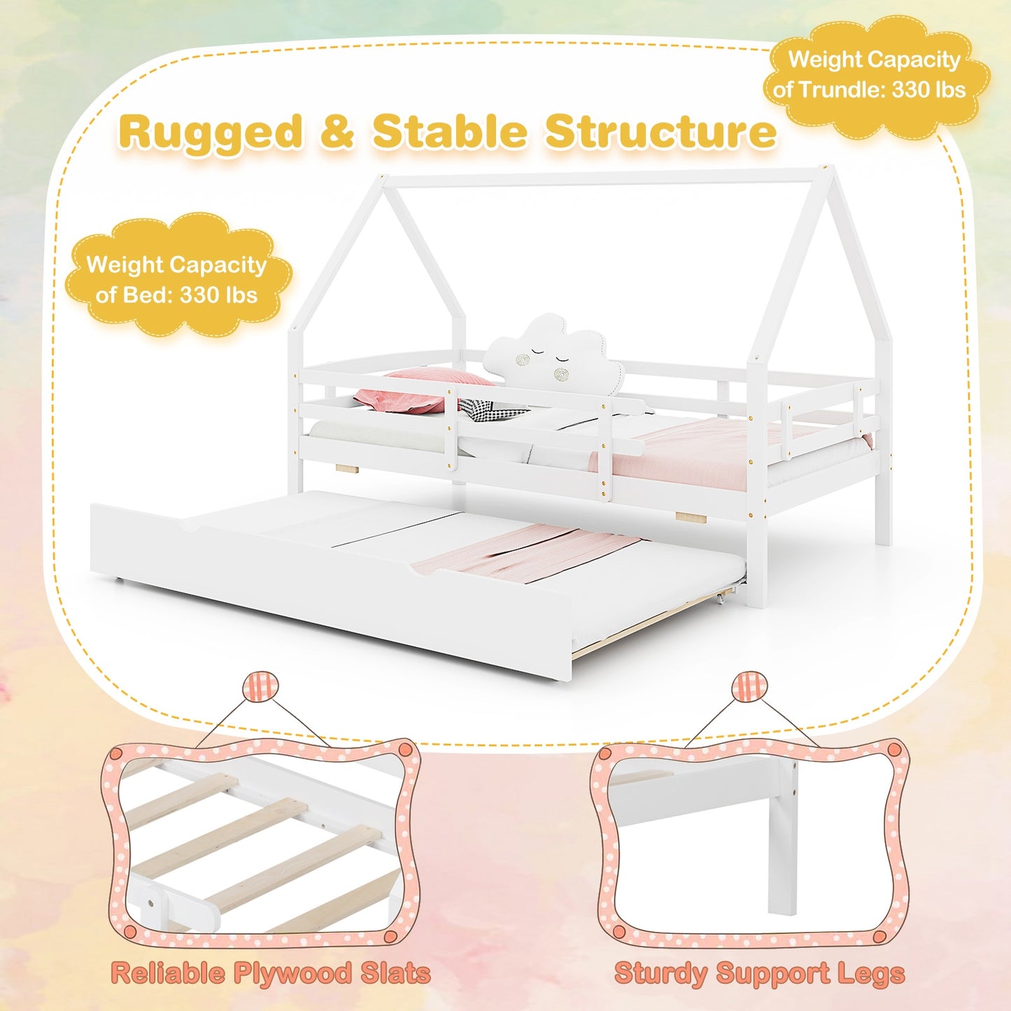 Twin House Bed with Trundle and Fence Rail, White Trundle Bed Frame   at Gallery Canada