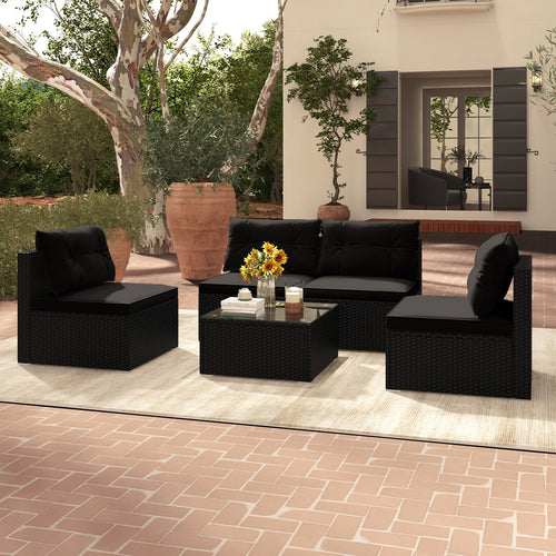 5-Piece Outdoor Patio Furniture Set with Cushions and Coffee Table, Black