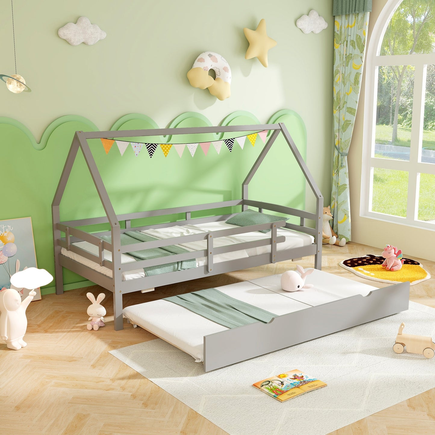 Twin House Bed with Trundle and Fence Rail, Gray Trundle Bed Frame   at Gallery Canada