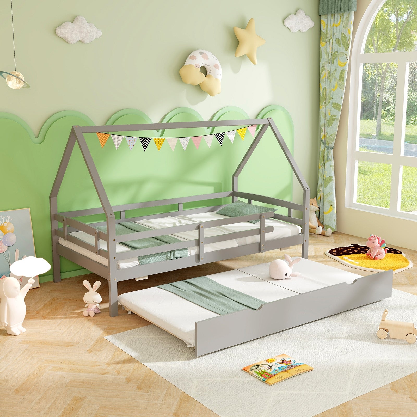 Twin House Bed with Trundle and Fence Rail, Gray Trundle Bed Frame   at Gallery Canada