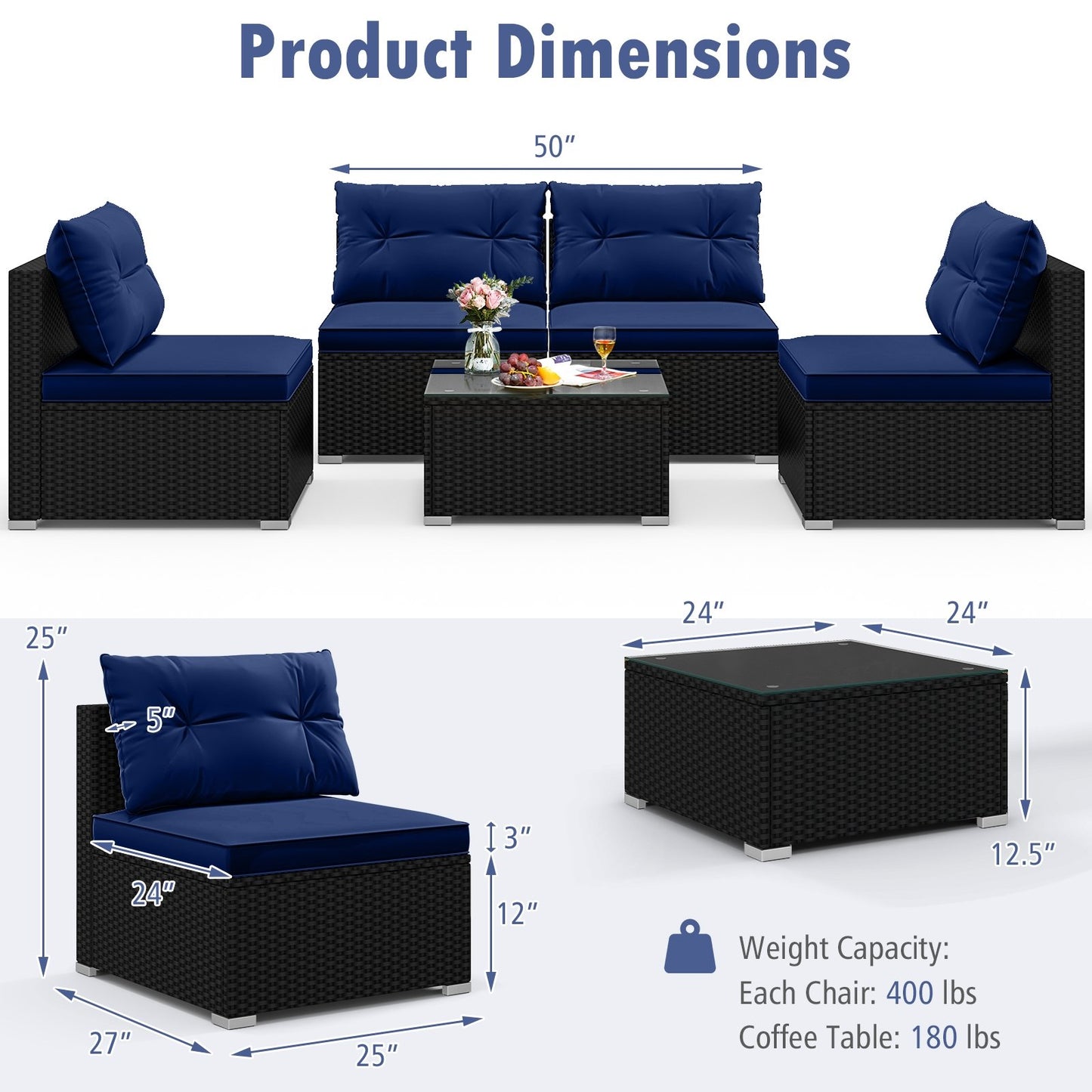 5-Piece Outdoor Patio Furniture Set with Cushions and Coffee Table, Navy Patio Conversation Sets   at Gallery Canada