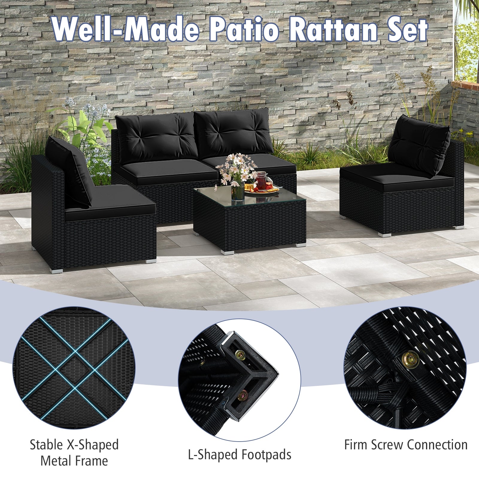 5-Piece Outdoor Patio Furniture Set with Cushions and Coffee Table, Black Patio Conversation Sets   at Gallery Canada