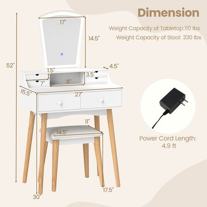 Vanity Desk Set with 3-Color Adjustable LED Lighted Mirror and Drawers, White Makeup Vanities   at Gallery Canada