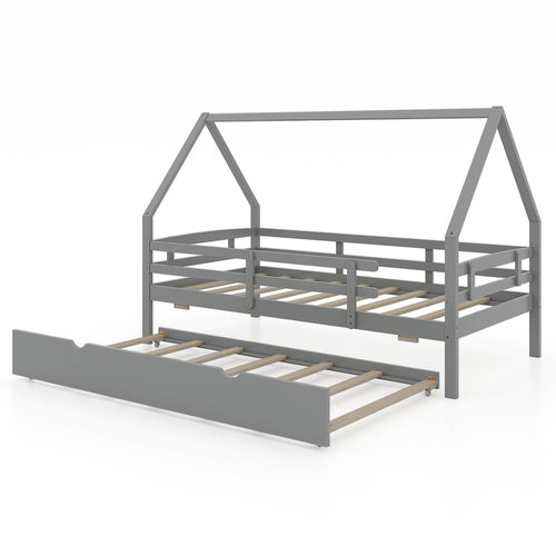 Twin House Bed with Trundle and Fence Rail, Gray