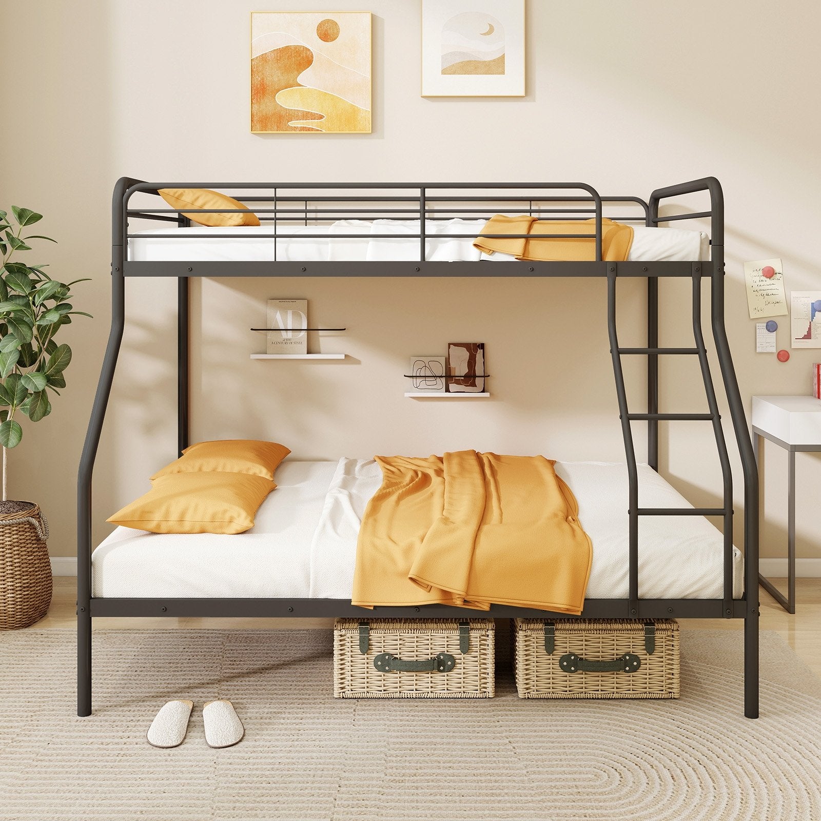 Twin Over Full Bunk Bed with Ladder and Full-length Guardrails, Black Bunk Bed Frame   at Gallery Canada