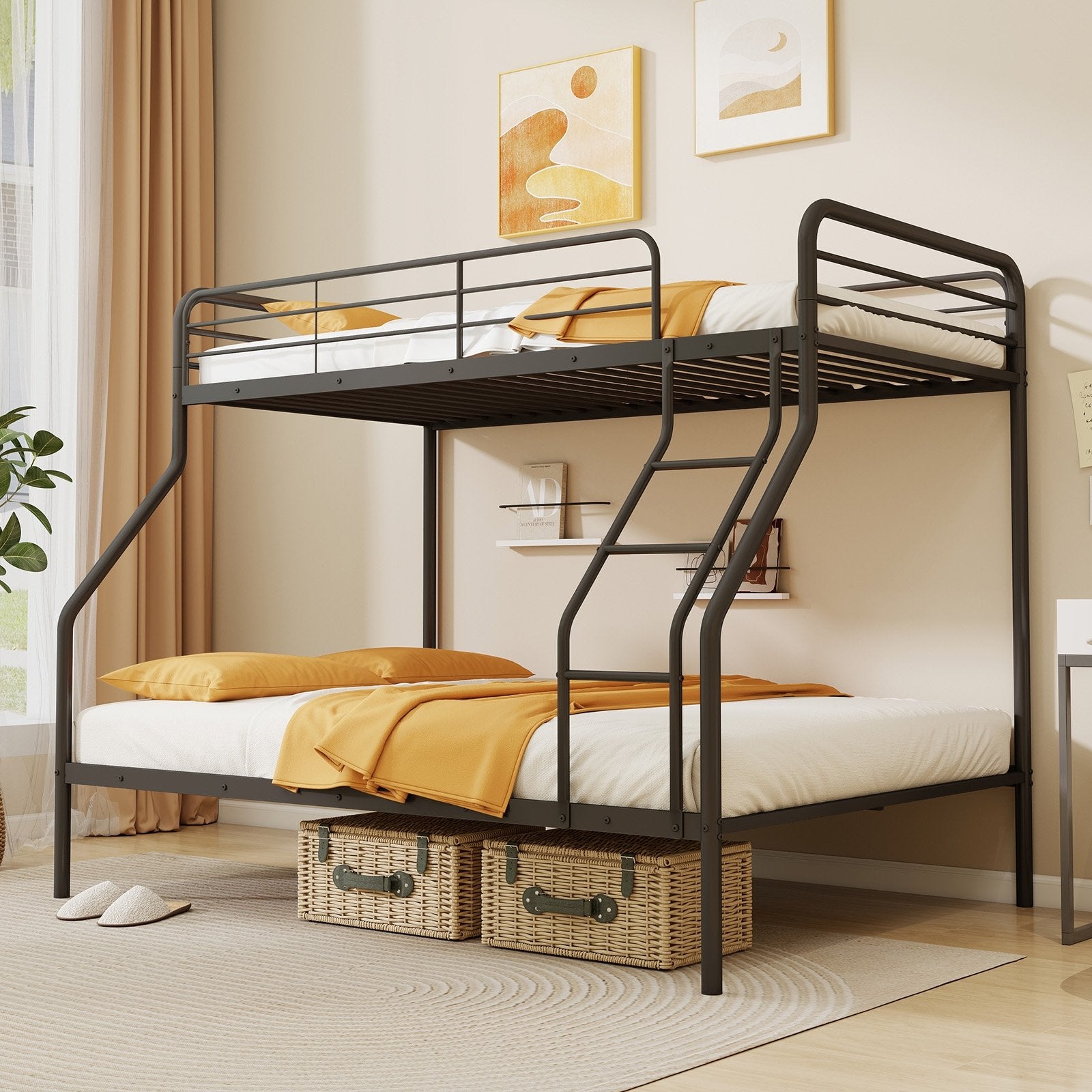 Twin Over Full Bunk Bed with Ladder and Full-length Guardrails, Black Bunk Bed Frame   at Gallery Canada