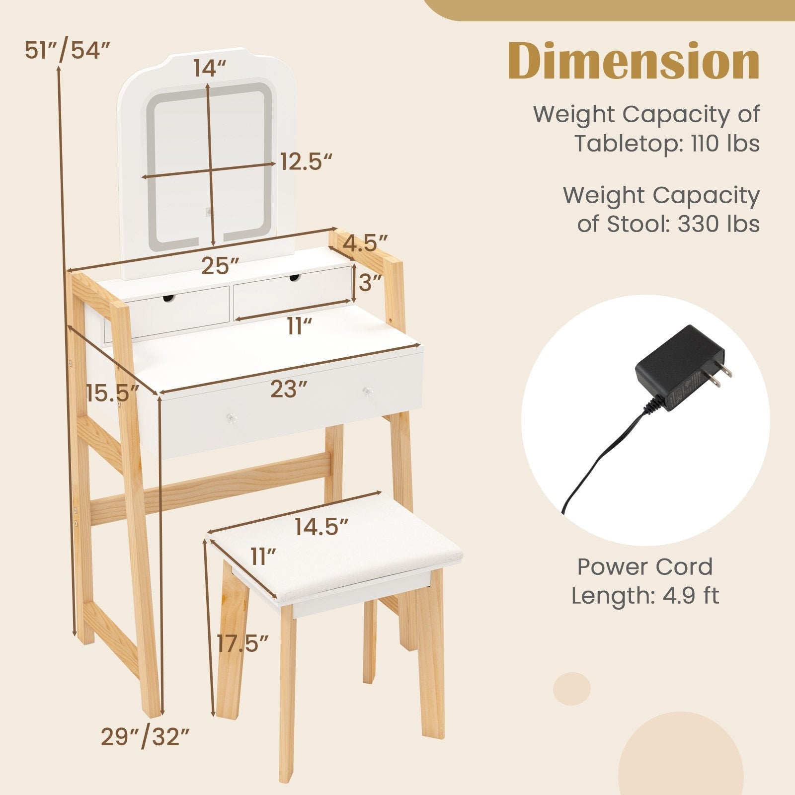 Adjustable Height Vanity Desk Set with 3-Color LED Lighted Mirror and Drawers, White Makeup Vanities   at Gallery Canada