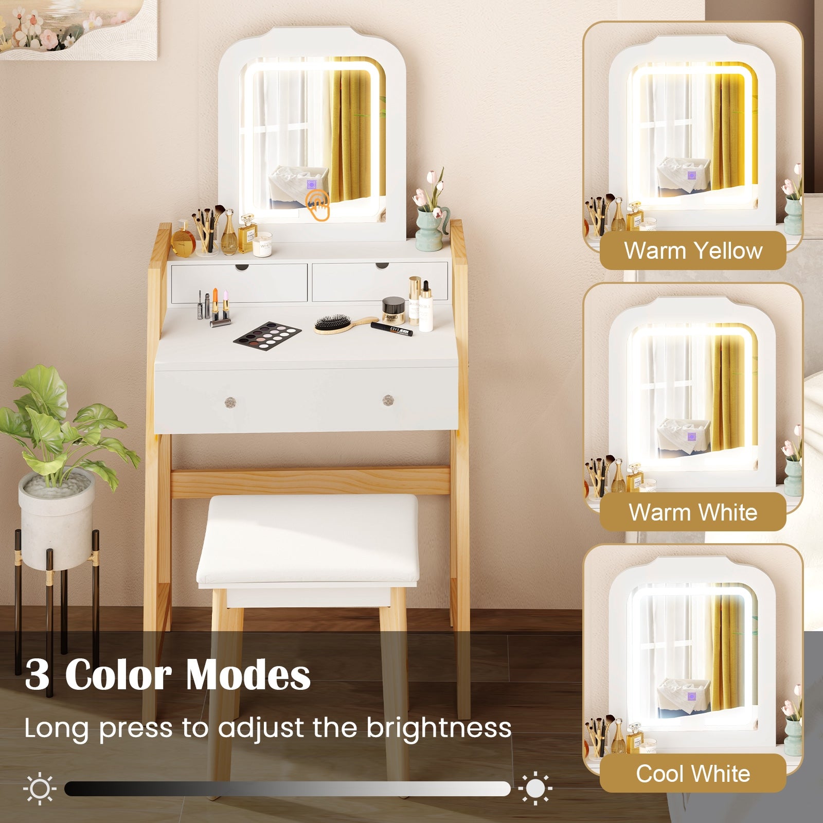 Adjustable Height Vanity Desk Set with 3-Color LED Lighted Mirror and Drawers, White Makeup Vanities   at Gallery Canada